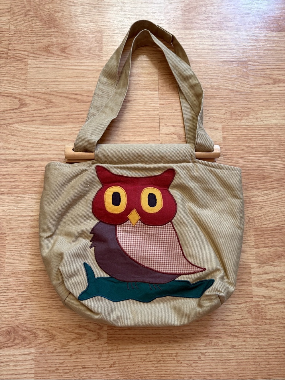 VTG 70s Handmade Wooden Handle Canvas Tote Bag Owl Applique Boho Retro Gingham
